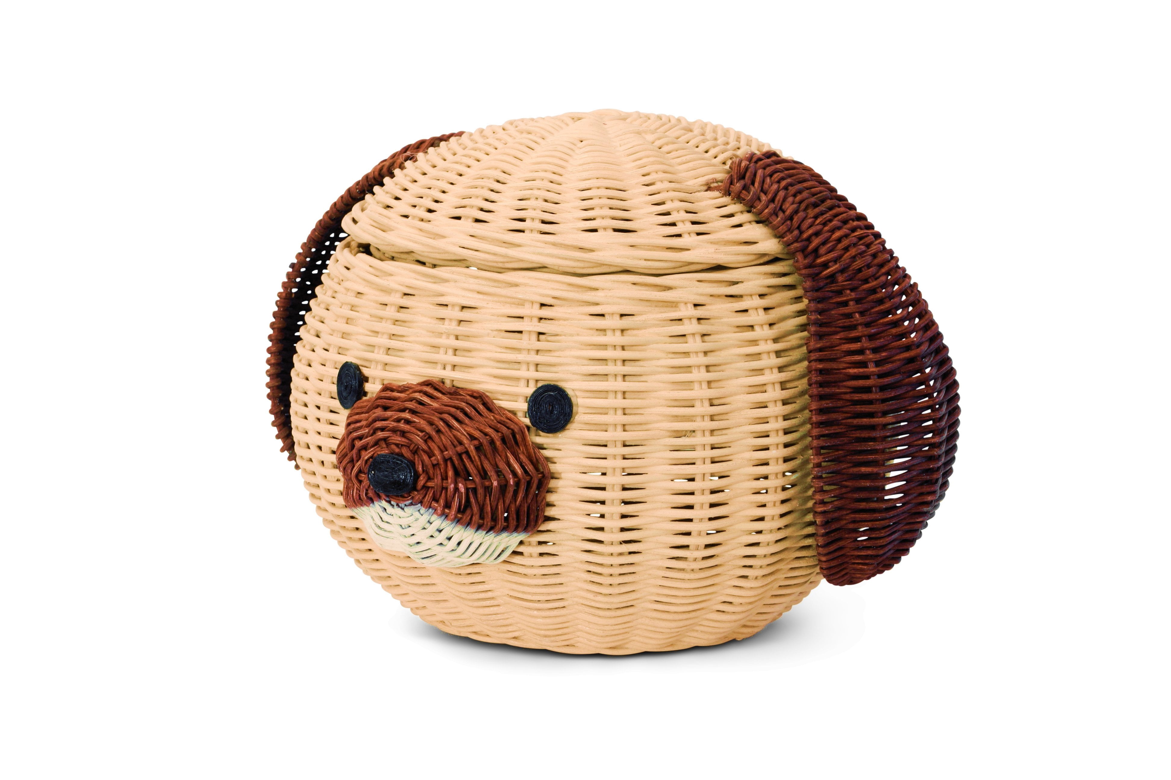 Dog Head Rattan Storage Basket with Lid Decorative Bin Home Decor Hand Woven Shelf Organizer Cute Handmade Handcrafted Gift Art Artwork Wicker Puppy