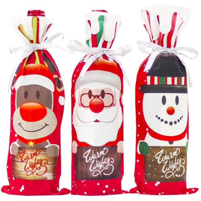 Bolsas para botellas de vino de Navidad Ormromra 6 piezas fundas reutilizables de tela 3 estilos Papá Noel muñeco de nieve alce