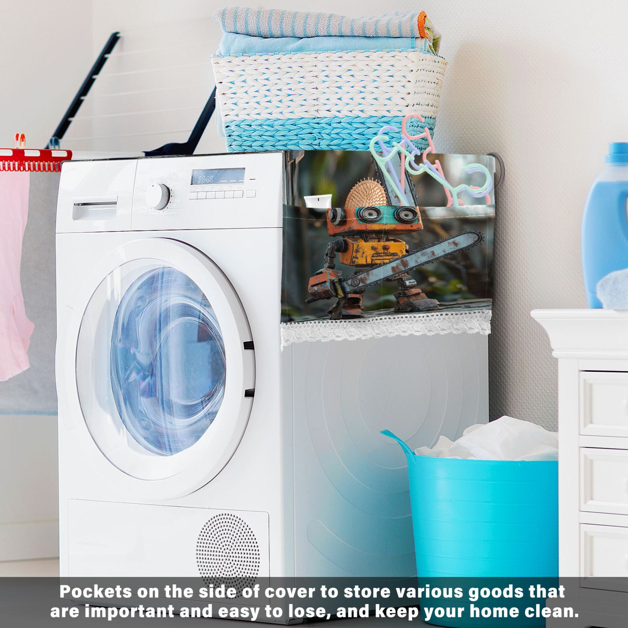Animated Chainsaw RobotWasher and Dryer Covers Dust-Proof and Oil Resistant Fridge Cover with 4 Storage Pockets Washing Machine Top Cover for Laundry Kitchen Home 51.2 x 22 In