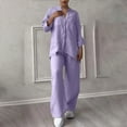 thumbnail image 2 of Two Piece Plus Size Sets for Women Fall Solid Color Retro Classic Wersatile Casual Cotton Linen Shirt Drawstring Wide Leg Pants Set Long Sleeved Round Neck Top/Shirt Set, 2 of 7