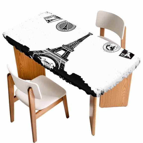 Vintage Paris Table Cloths for 5 Foot Rectangle Tables, Chic Shabby Retro Landscape Black White Patio Waterproof Elastic Fitted Tablecloths, Washable Rectangular Table Cover for Camping