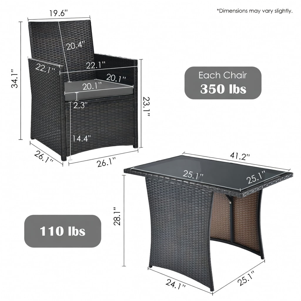 Hommoo 3-Piece Weather-Resistant PE Rattan Patio Furniture Set, Steel Frame, Tempered Glass Table & Ergonomic Armchairs with Removable Cushions, Gray
