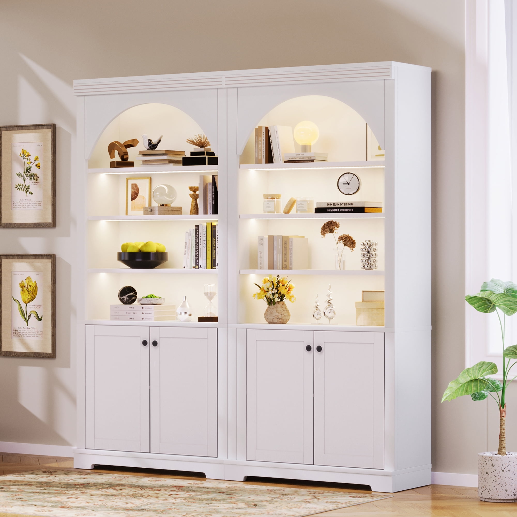 71" Tall Bookshelf Suite with 4-layer LED Lightings, 2 Piece Bookcase with Open Adjustable Shelves