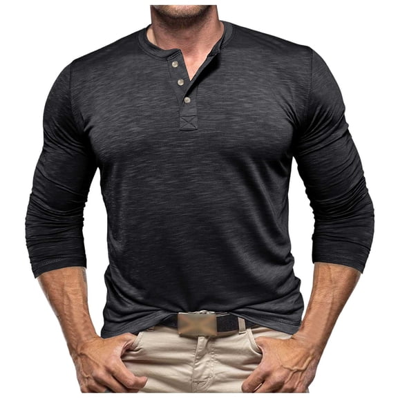 Curuila Mens T-Shirts Long Sleeve Solid Color Crew Neck Button Down Pullover For Men Spring Autumn Casual Tops Black Size L