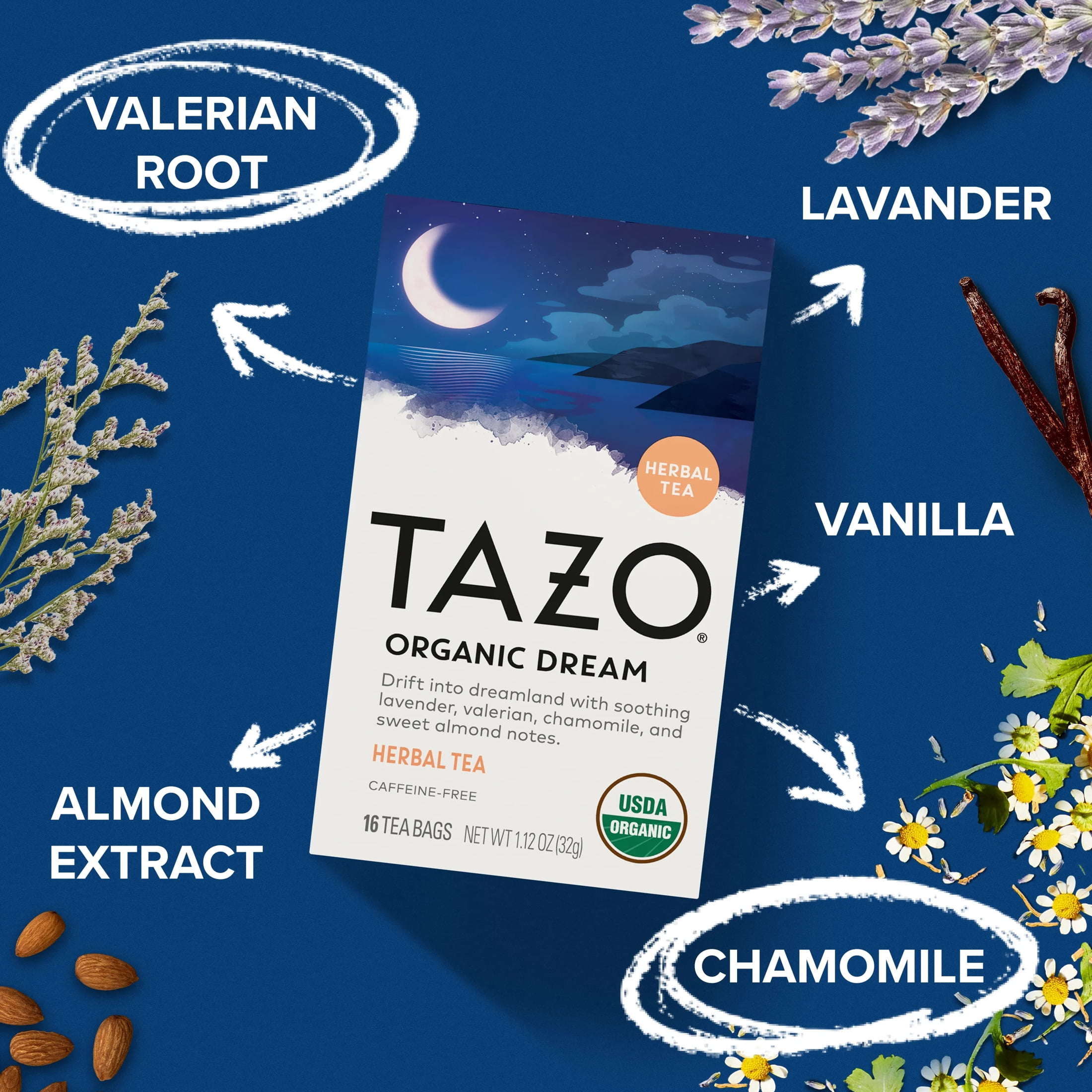 TAZO Organic DREAM Herbal Tea Bags, Caffeine-Free Bedtime Tea, 16 Ct, Pack of 6