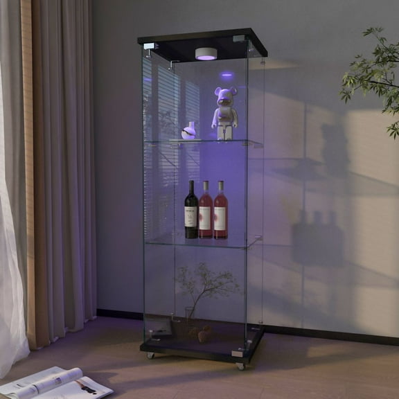 LUMAMIN Display Cabinet, 3-Tier Curio Cabinet with 12 Color Lights, Tempered Glass Doors, Rolling Wheels for Living Room & Bedroom, 16.73 x 14.37 x 47.91 inches