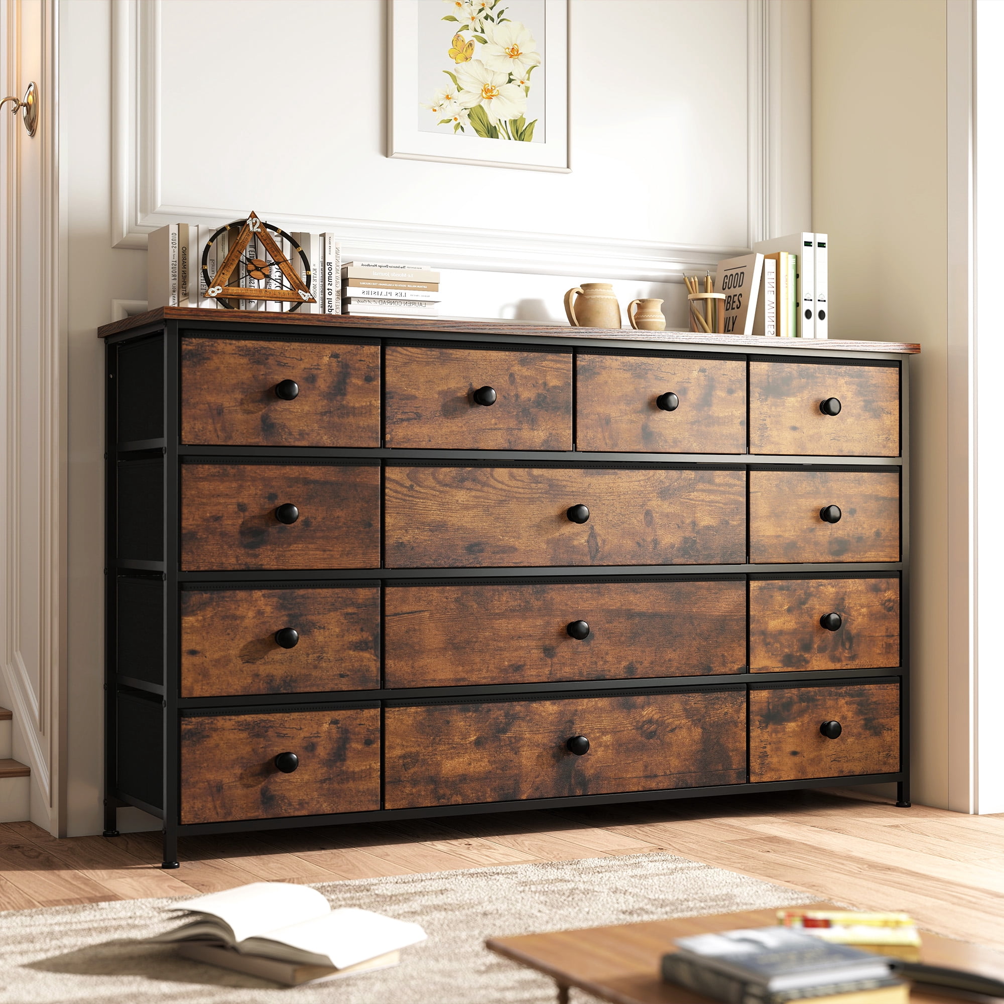Romorgniz Dresser TV Stand, 13 Drawer Dressers for Bedroom, Chest of Drawers for 45" Long TV, Fabric Dresser for Storage, Rustic Brown
