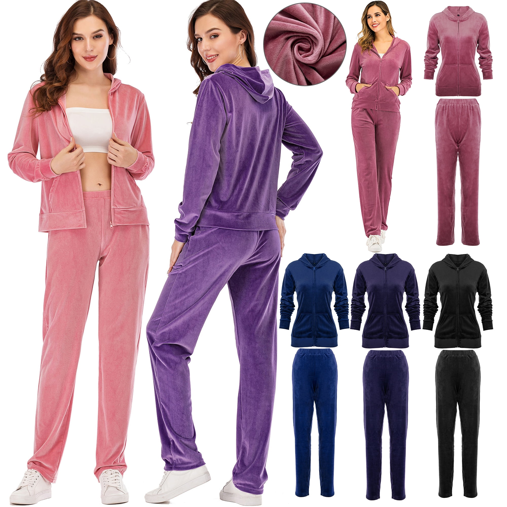 Velour Tracksuit Womens 2 Piece Jogging Outfits Long Sleeve Zipper Crop