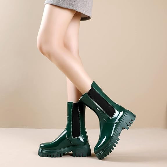 Lcamaw Rain Boots for Women, Waterproof PVC Rubber Garden Boots Womens Chelsea Boots Short Platfrom Rain Boots, Anti-Slip Elastic Slip On Rainboots Garden Rain Shoes for Yard Farm Outdoor Work