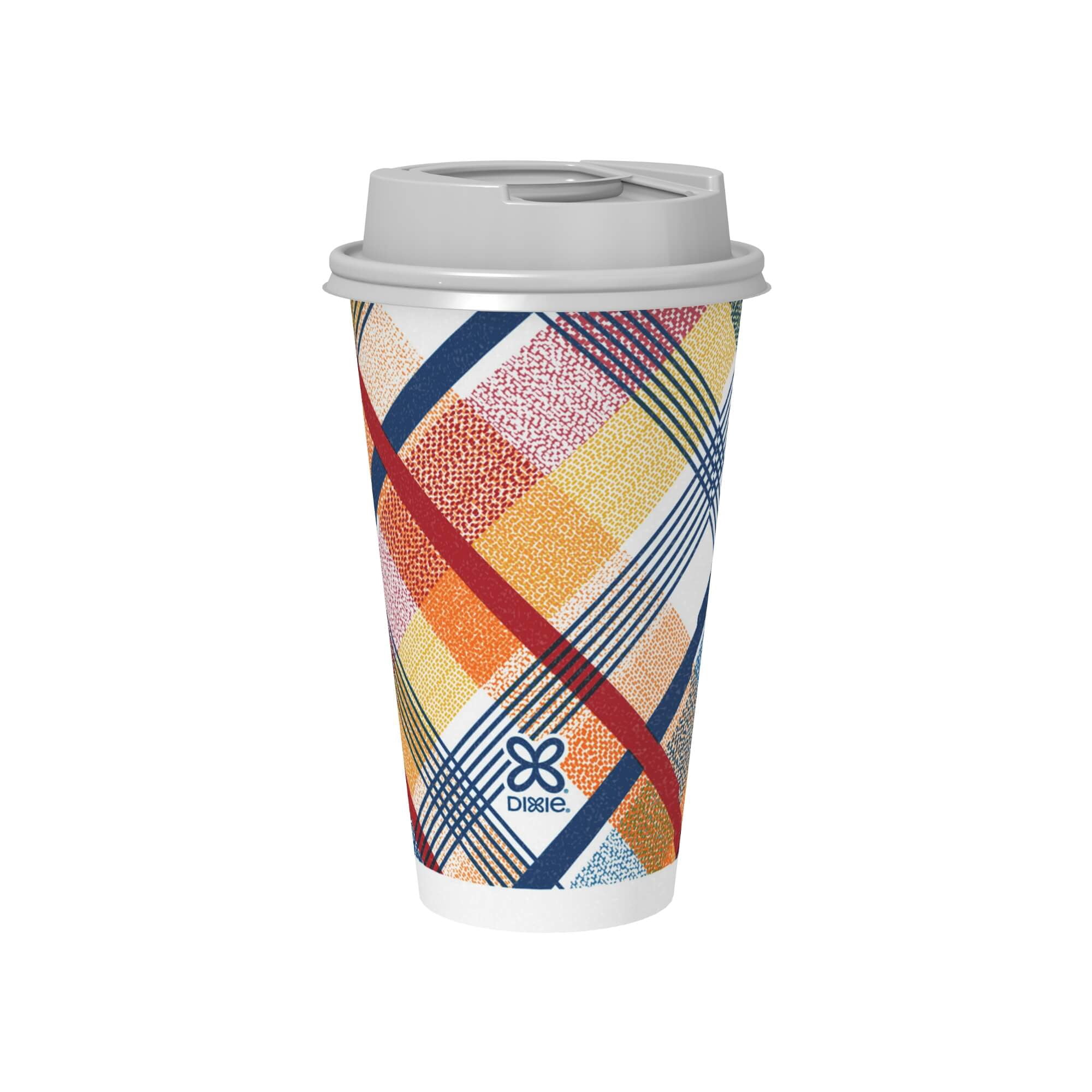 Dixie To Go 16 oz Disposable Paper Cups with Slider Lid, Cozy Plaid, 18 Count