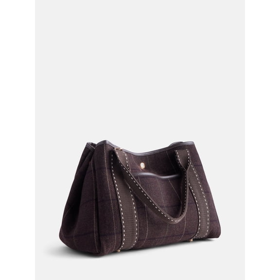 Free Assembly Women’s Plaid Medium Tote Handbag, Dark Brown