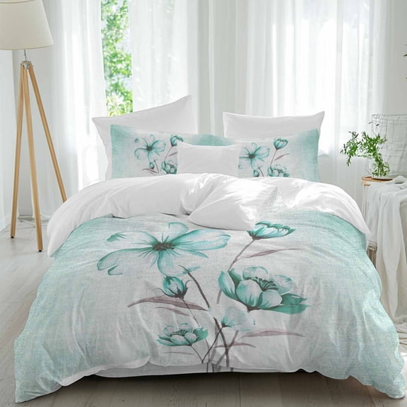 Turquoise Flower Queen Size Comforter Set, Floral Branch Leaves Gradients Vintage Bedding for All Seasons, 4 Pcs Bed Set, 1Quiltcover (90"x92") ,1Sheet(94"x116"), 2Pillowcases (30"x20")