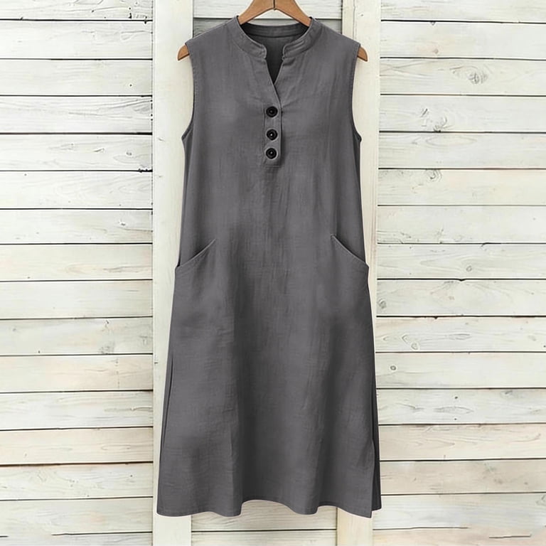 loose fitting slip dress Tataai Women's Loose Fit Slip Dress Solid Color Sleeveless V-Neck Linen Feel Button Front Casual Maxi Dress Summer Pocket Detail Gift, Size: 2XL, Gray