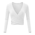 thumbnail image 3 of Besolor Women's V Neck Cropped Tops Trendy Cross Long Sleeve Solid Color Stretch Slim Fit Basic Blouse T-Shirts, 3 of 4