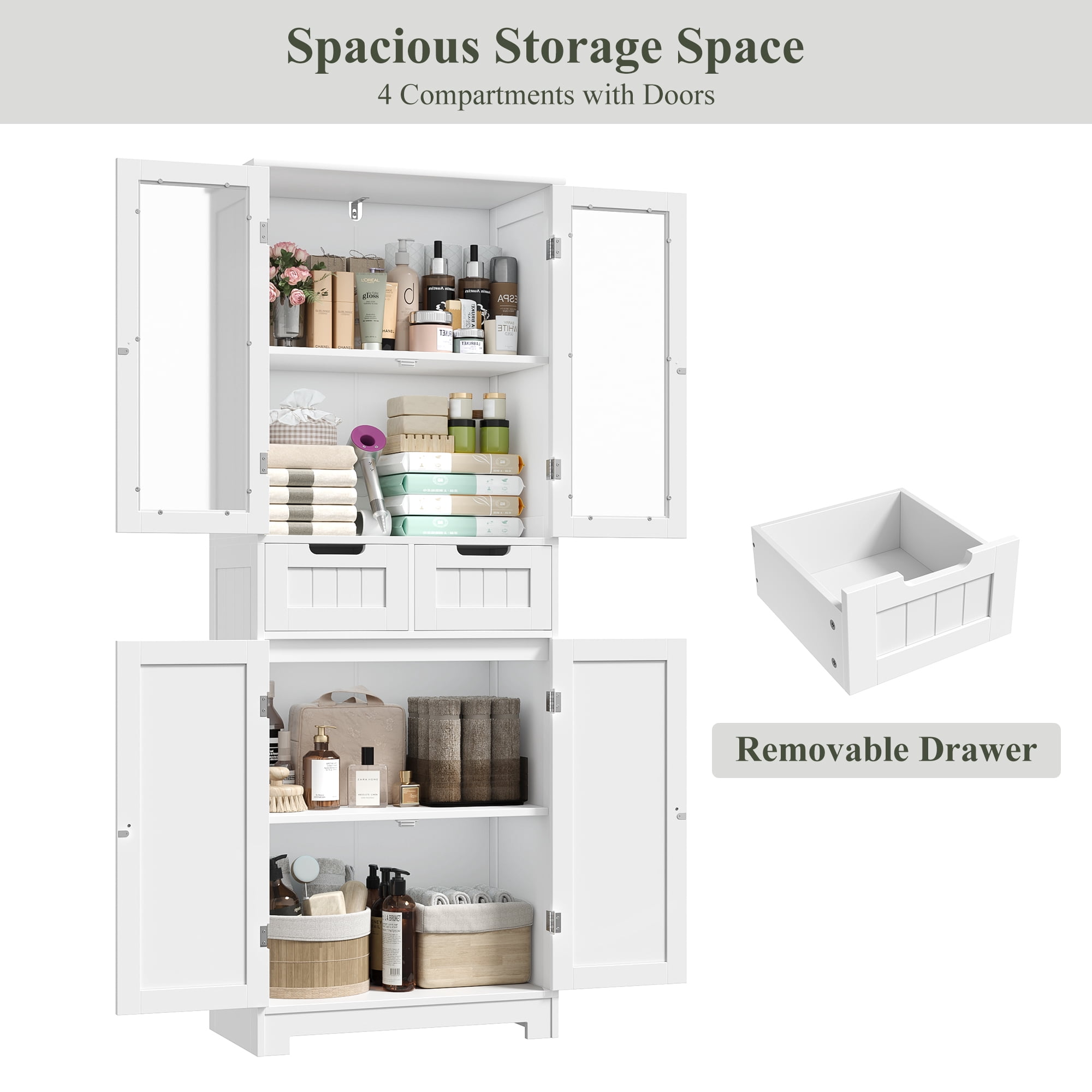 Homfa 4 Doors Bathroom Cabinet, 3-Tier Wood Tall Linen Storage Cabinet with 2 Drawers for Living Room Office, White
