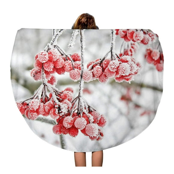 NUDECOR 60 inch Round Beach Towel Blanket Orange Winter Frozen Viburnum Under Snow First Autumn Travel Circle Circular Towels Mat Tapestry Beach Throw