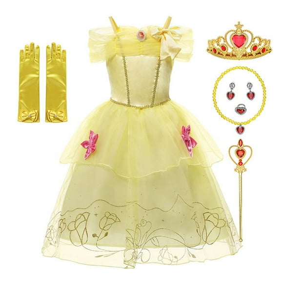 HAWEE Robe de Princesse Belle, Costume Superposé à Épaules Dénudées Beauté et Bête pour Petite Fille, avec Accessoires