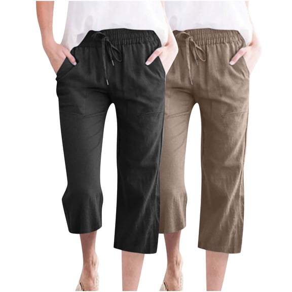 2 Pack Linen Capris for Women Summer Straight Leg Comfy Casual Pants Elastic Waist Drawstring Trouser