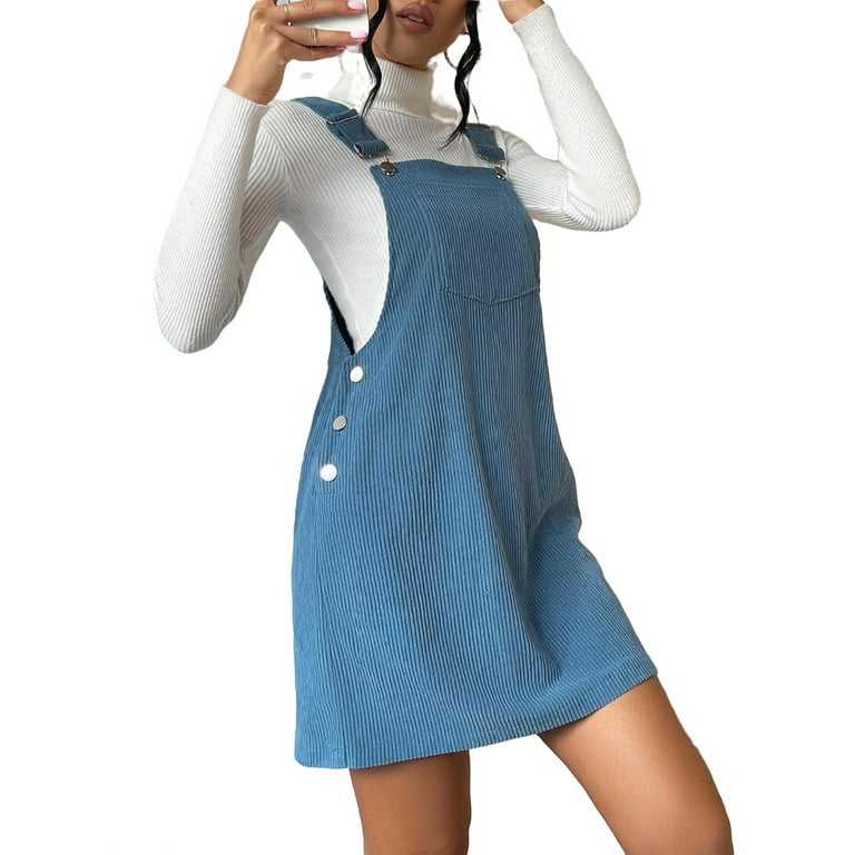 Casual Solid Pinafore Straps Blue Women Dresses