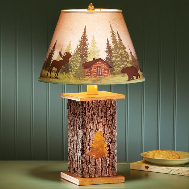 Northwoods Cabin Pine Tree Scene, Bear And Moose Table Lamps