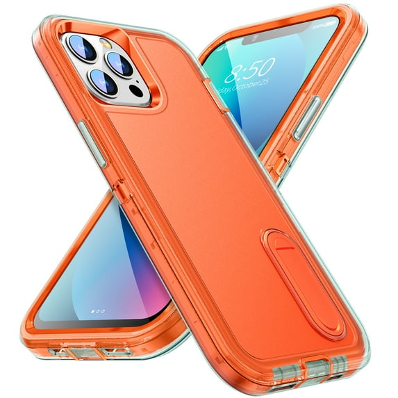 SaniMore for iPhone 13 Pro 6.1" 2021 Hybird Case, Rugged PC Back Shockproof TPU Shell Metal Hidden Kicksatnd Drop Resistant Anti-slip Heavy Duty Protective Case for iPhone 13 Pro, Clear+Orange