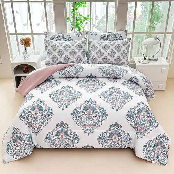 Floral Printed Queen Comforter Set with Sheets Lightweight Piece Bed in A Bag Comforter Set Vintage Yellow and Grey Flower Pattern Farmhouse Bedding Set
