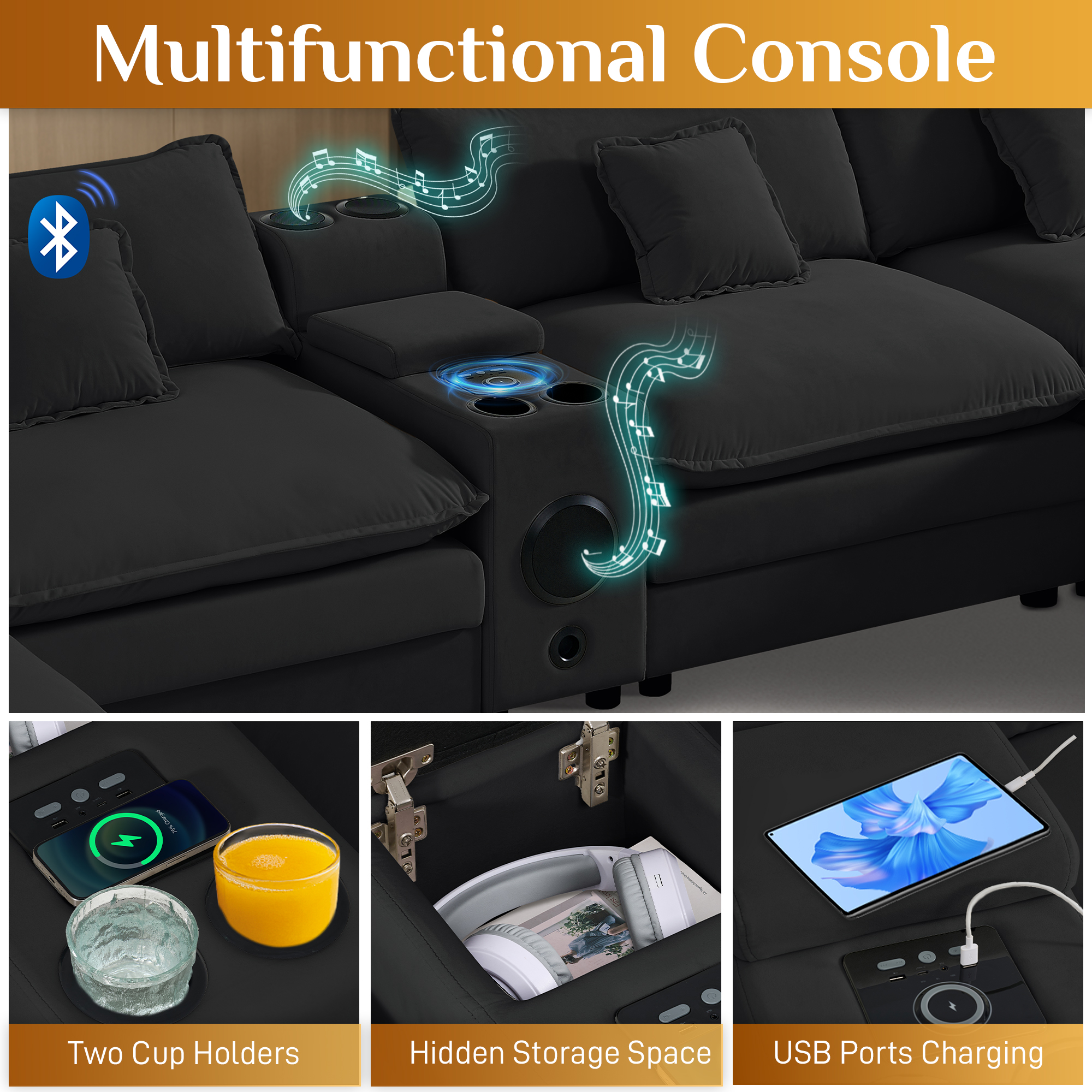 Wiilayok 163.2" U Shaped Sectional Sofa,Velvet Cloud Modular Sectional Sofa Couch Set with Double Chaise,Central Console,Cup Holder for Living Room,Black