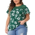 thumbnail image 4 of Agnes Orinda Women's Plus Size St. Patrick's Day Tops Floral Print Round Neck Lace Flared Short Sleeve Keyhole Back Blouse 4X Green, 4 of 5