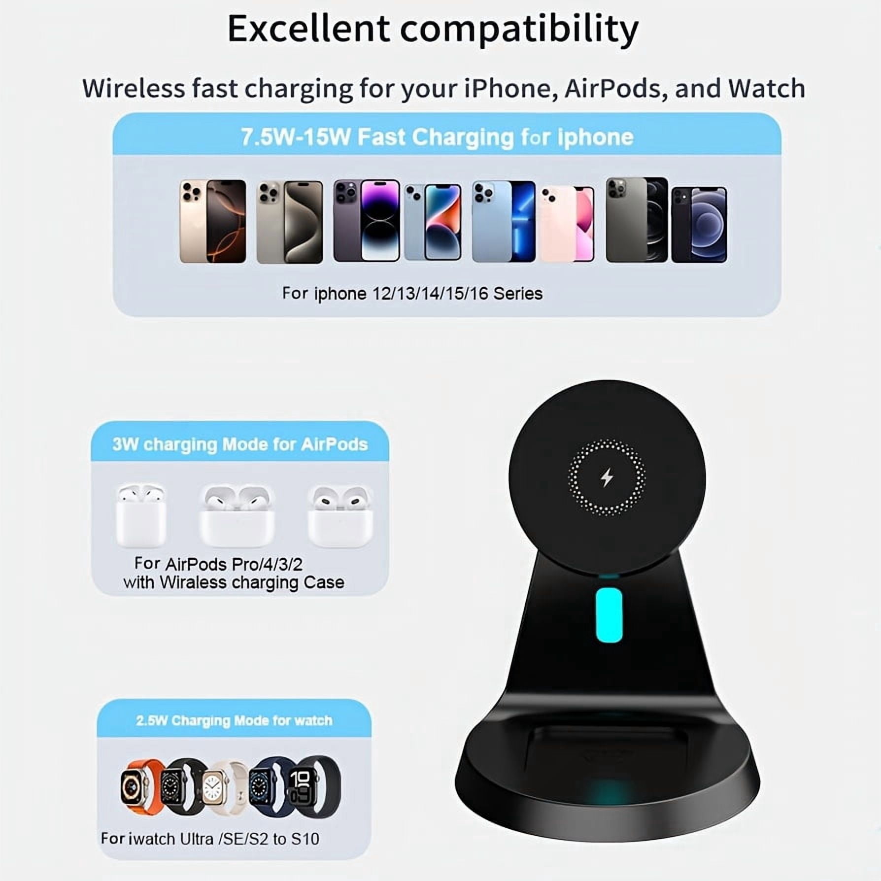 3in 1 Wireless Charging Station for Apple Charger Stand, Fast Magnetic Wireless Charger Station for iPhone 17 Air 16 15 14 13 12 Series, Airpods, Apple Watch