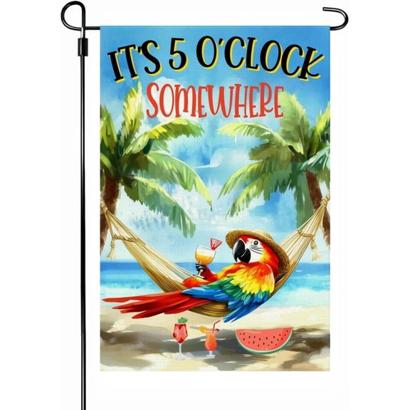 Parrot Beach Summer Vibes Garden Flag, Double Sided Burlap Outdoor Patio Yard Lawn Decor, 12 x 18 Inch