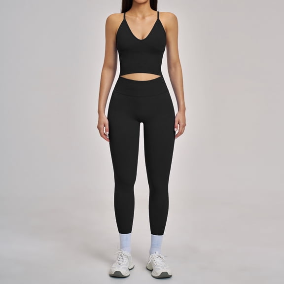 PISONIC 2 Piece Workout Sets for Women Cross Back V Neck Tank Top Matching High Waist Leggings Gym Sets