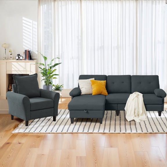 Pingliang Home Sectional Sofa with Storage Ottoman and Accent Chair, 3 Seat L Shaped Couch with Side Pockets and Armchair,Living Room Furniture Set for Home Apartment Office Studio