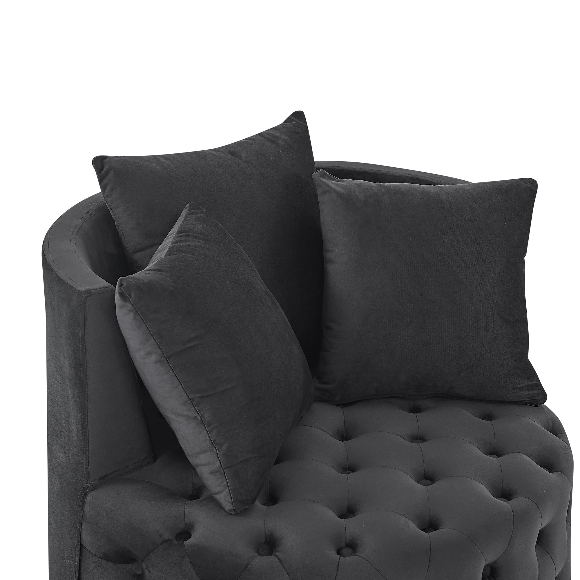DEALTOPS Velvet Upholstered Swivel Chair for Living Room, with Button Tufted Design and Movable Wheels, Including 3 Pillows-Black
