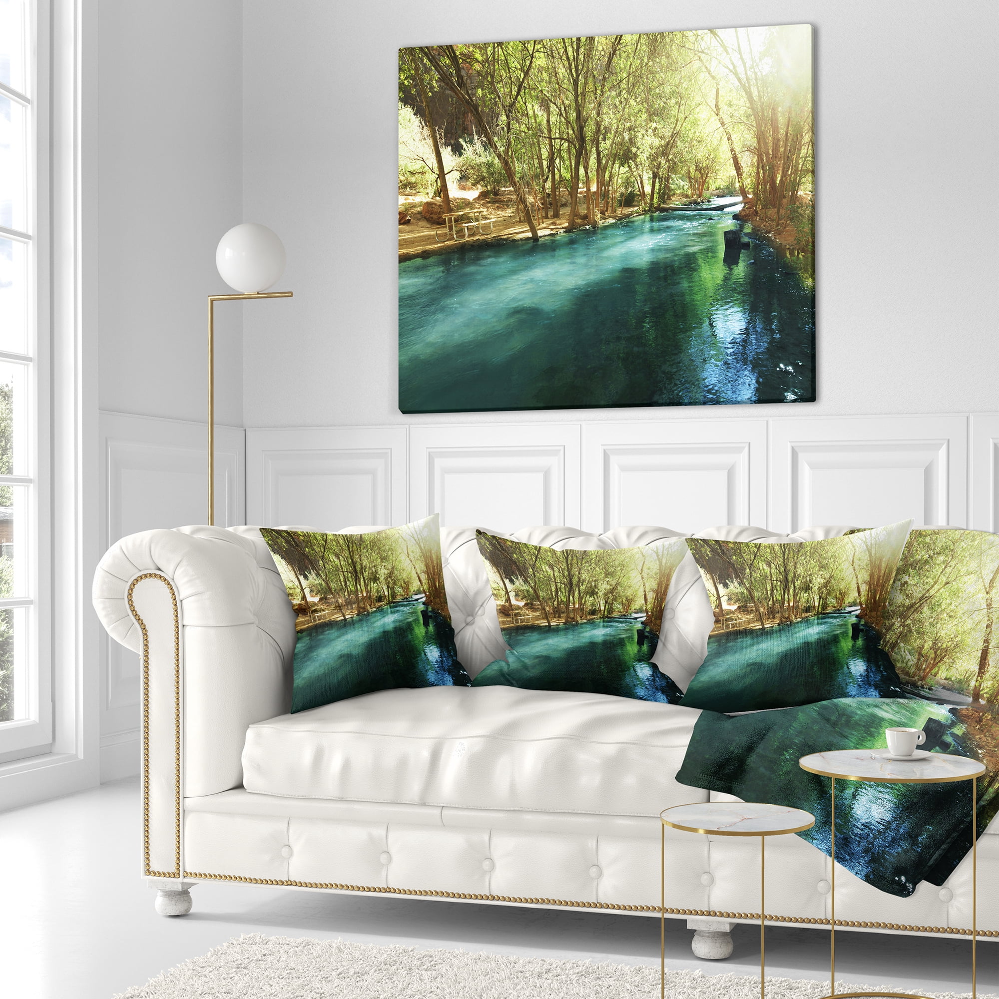 Designart Beautiful Small River in Forest - Landscape Printed Throw Pillow - 16x16