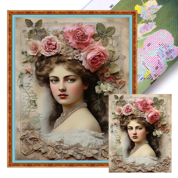 Kit Punto Cruz Vintage para Mujer Hilo Algodón Ecológico Bordado 11CT 40x50cm