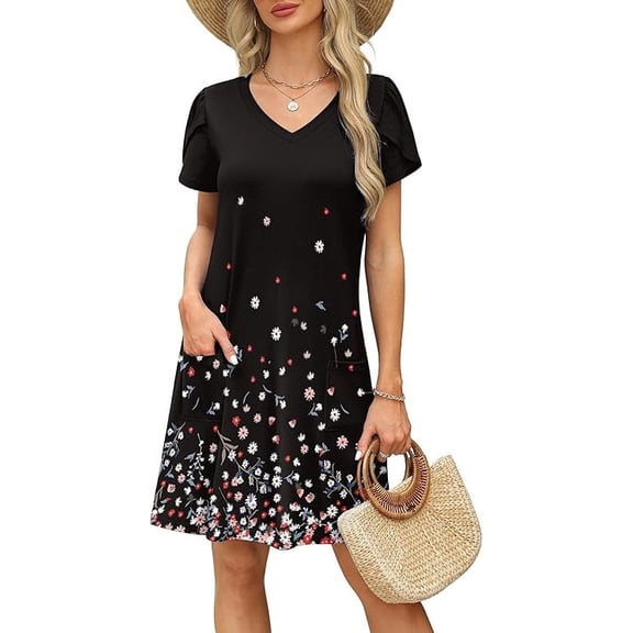 Women’s Summer Sundress with Pockets Short Sleeve V Neck Swing Midi Dress Casual Loose Fit Vacation Beach Dress