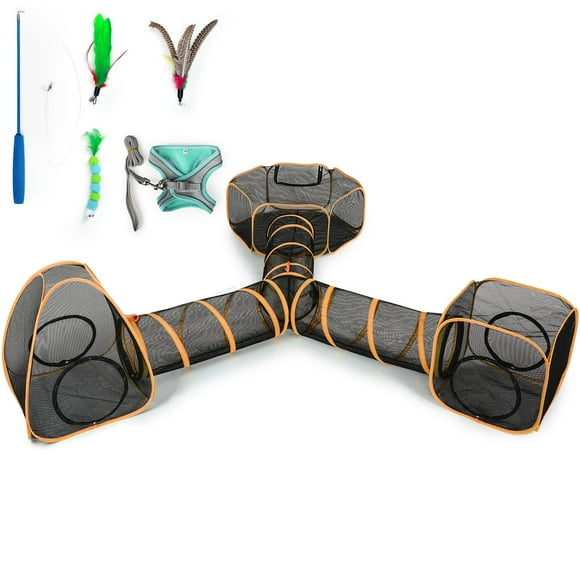 5 in 1 Outdoor Cat Tents with Tunnels for Outside - Cat Enclosures for Indoor Cats with 1 Cat Harness and Leash for Walking, 1 Cat Wand Toys, 3 Cat Feather Toys - Cat Playpen and Indo