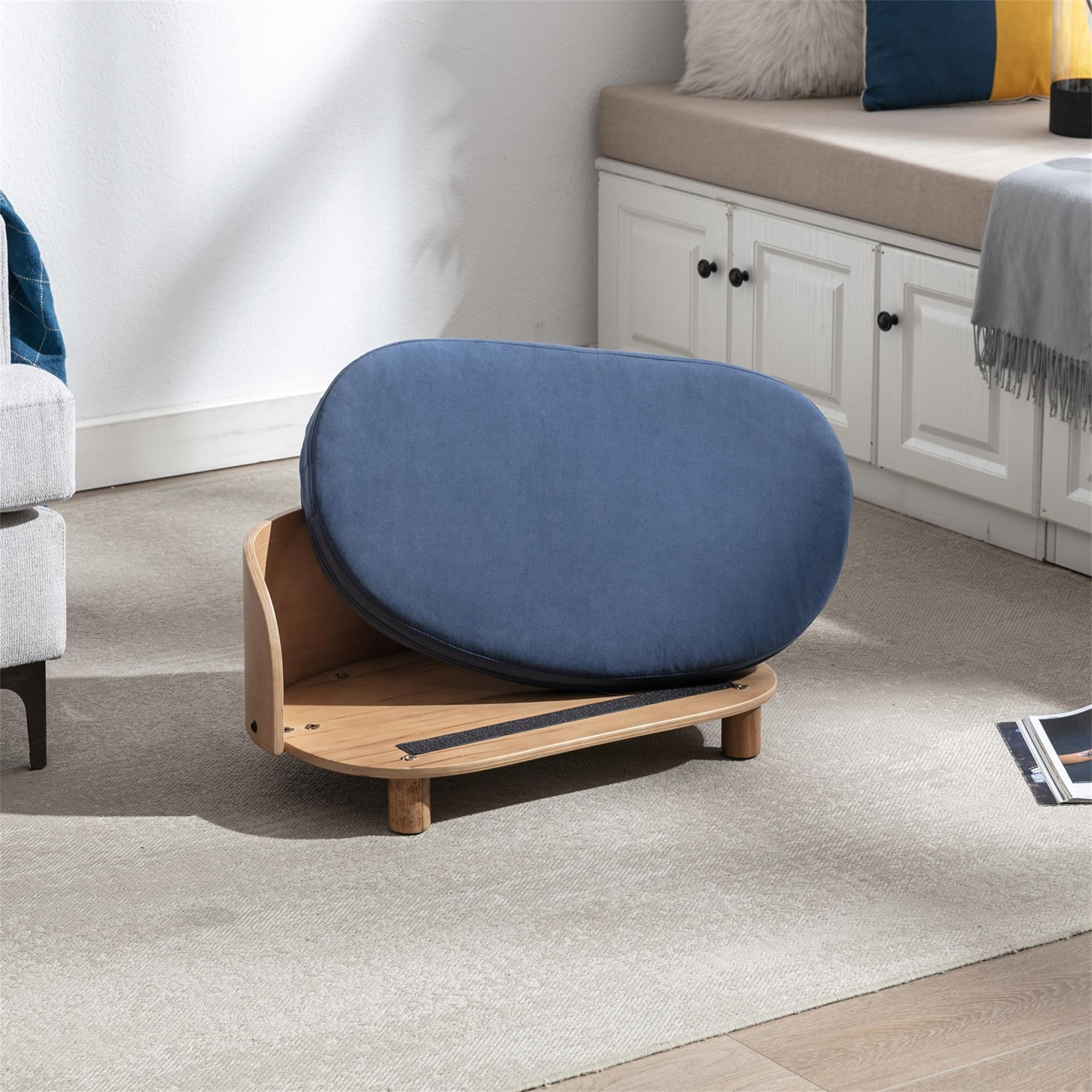 Pefilos 26" Modern Pet Sofa Dog Bed With Solid Wood legs and Bent Wood Back, Velvet Cushion, Walnut, Blue Pefilos 26" Modern Pet Sofa Dog Bed With Solid Wood legs and Bent Wood Back, Velvet Cushion, Walnut, Blue