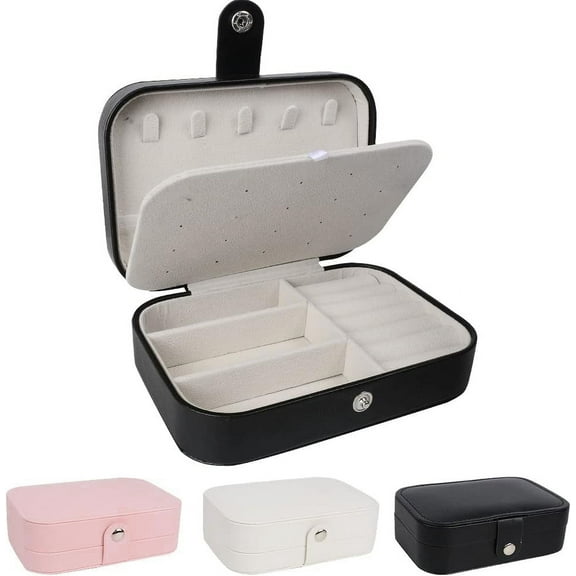 Jewelry Box, Leather Small Portable Travel Case, 2 Layers Organizer Display Storage Holder Box for Rings, Earrings, Necklaces, Bracelets (Black)
