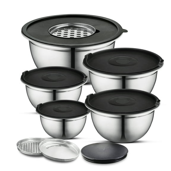 AVADOR Premium Stainless Steel Mixing Bowls Sets Brushed Stainless Steel Mixing Bowl Set, Easy To Clean, Space Saving, Great for Cooking, Baking, Prepping Needs (8 pc with Lid and Grater)