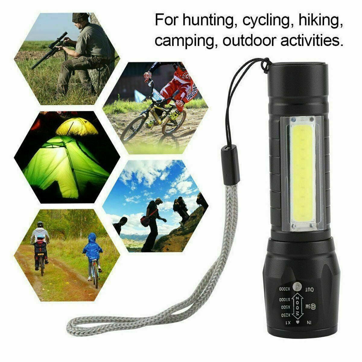 LED-Torch USB Rechargeable Small Flashlight Zoomable Camping Hiking Lamp 