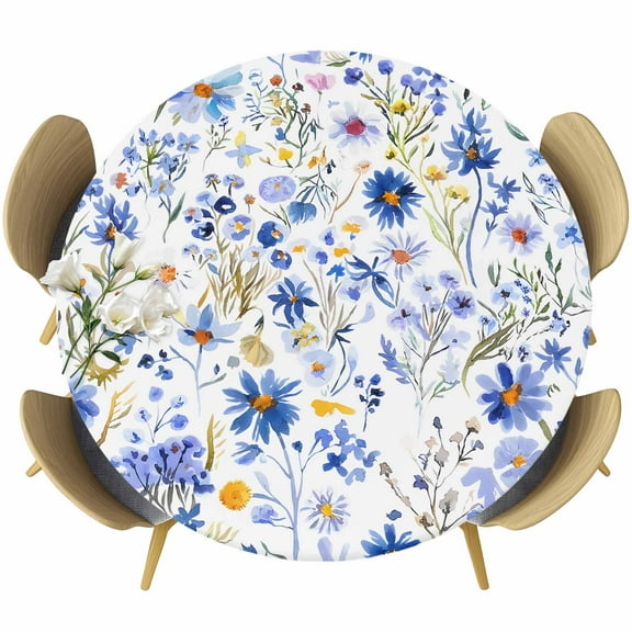 Spring Floral Round Tablecloth 36-44 Inch Round Fitted Table Cloth with Elastic Edge, Blue Flowers Farm Pastoral Wildflowers Waterproof Table Cover Protector for Outdoor Picnic Party Dining