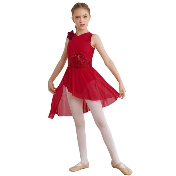 vastwit Kids Girls Shiny Sequin Ballet Lyrical Dance Dress Ruched Sheer Mesh Overlay Skirted Leotard Burgundy 8