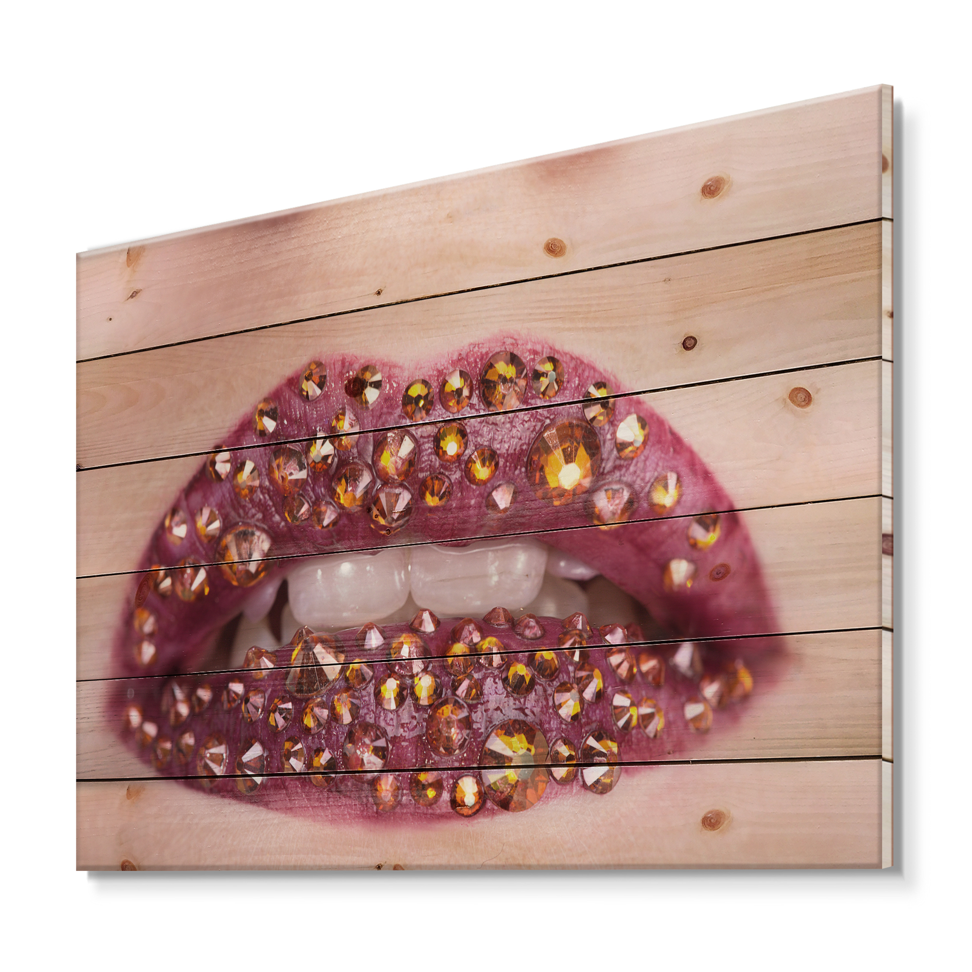 Designart 'Close-Up Of Girl Lips With Sequins' Modern Print on Natural Pine Wood