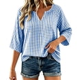 thumbnail image 2 of VBVC Women's Gingham V Neck Blouse, Ladies' 3/4 Sleeve Summer Tunic Top, Casual Loose Fit Checkered Shirt For Women, Blue , S-3XL, 2 of 7
