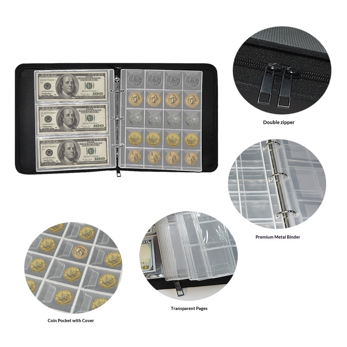 360Pockets Coin Currency Collection Book Holder for Collectors, Collection Album and 60 Sleeves Paper Money Banknote Binder, Coin Currency Collection Supplies, Black