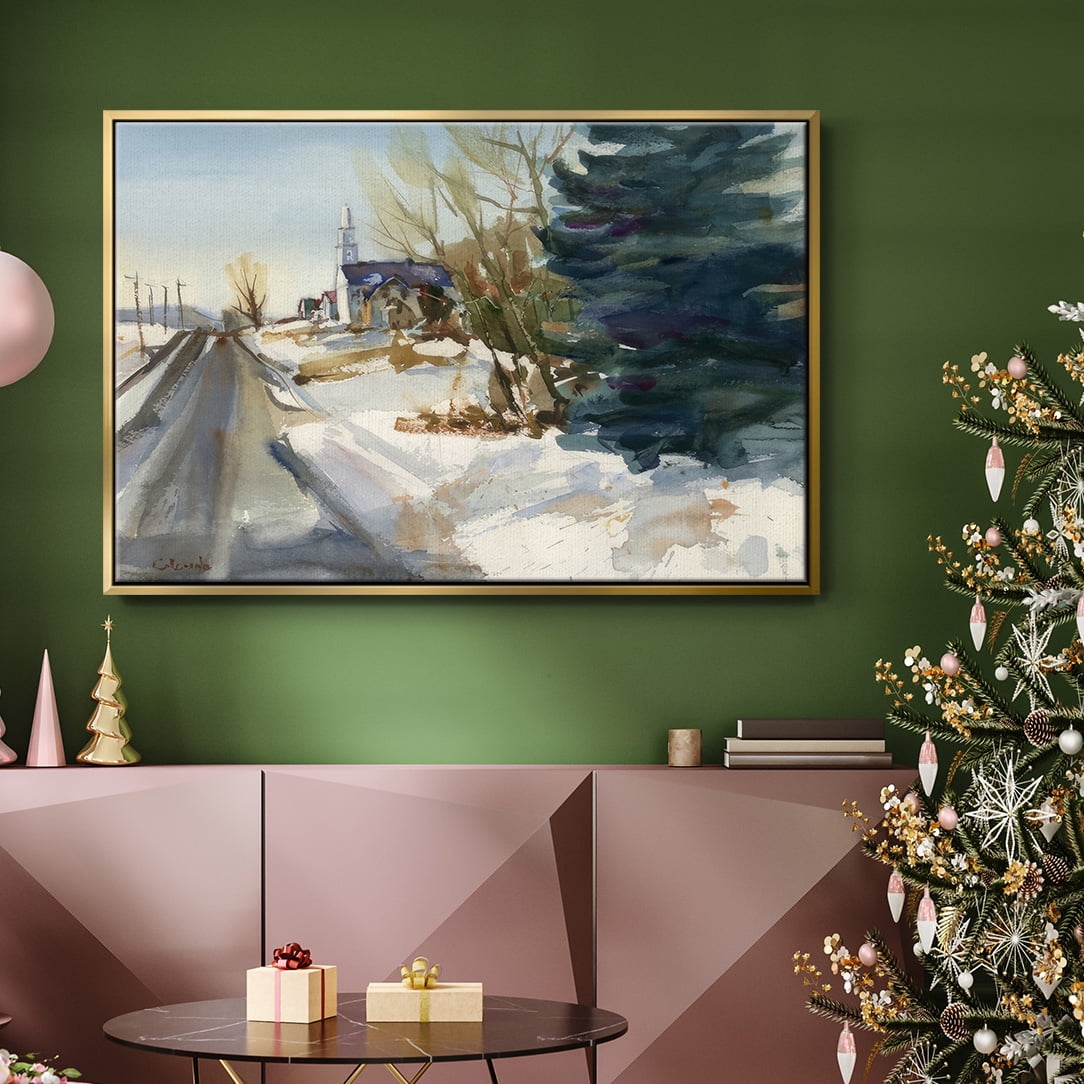 Congregational Church in Winter - Framed Gallery Wrapped Holiday Canvas - 17 x 25 - Gold Frame