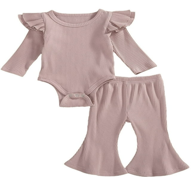 Newborn Baby Girl Boy Romper Bodysuit Top Ribbed Bell Bottom Pants Set 2Pcs Outfits