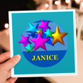 thumbnail image 6 of 3drose, Vibrant Colored Stars on a Blue Background Personalized with the Name Janice, 1 Greeting Card with Envelope, 6 of 6