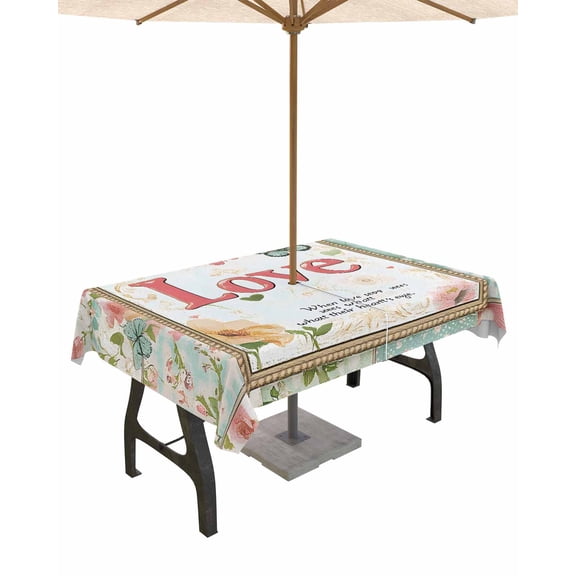 Outdoor Tablecloth with Umbrella Hole for Patio/Picnic/Party/Camping, Spring Pink Green Check Waterproof Table Cloth Rectangle Table Cover Washable, Vintage Floral Checkered Love 52"x 70"